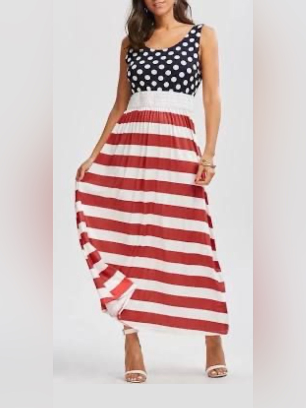 Patriotic Red White & Blue Polka Dot Stripe Maxi Dress Large